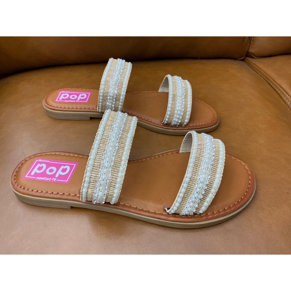 Pop Selonie Slide Sandals Womens Size 8 Natural Tan Pearl Embellished